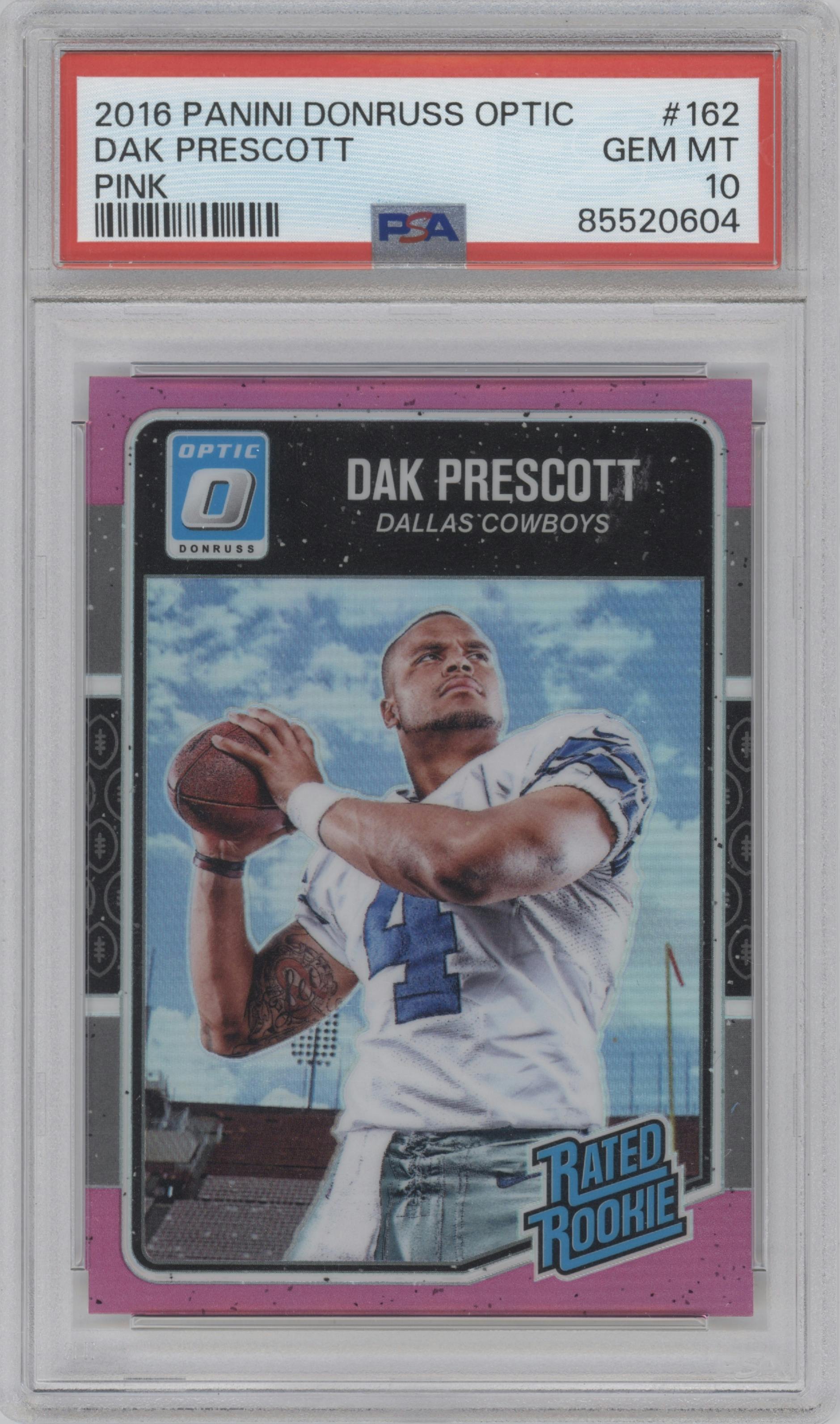 Dak Prescott from the 2016 Panini Donruss Optic set featuring a Pink parallel graded by PSA and given an overall grade of 10.