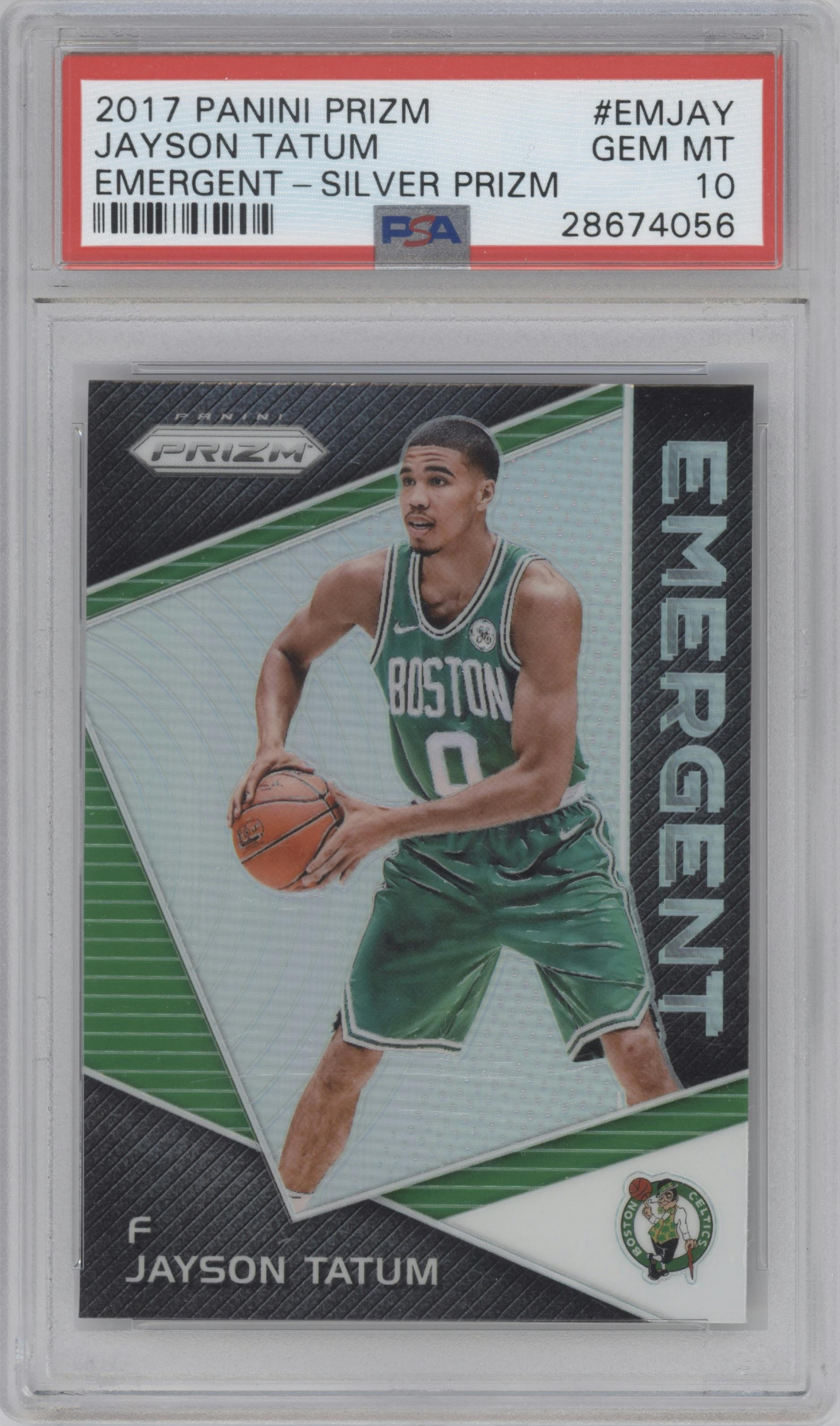 Jayson Tatum from the 2017-18 Panini Prizm  set featuring a Silver Prizm  parallel graded by PSA and given an overall grade of 10.