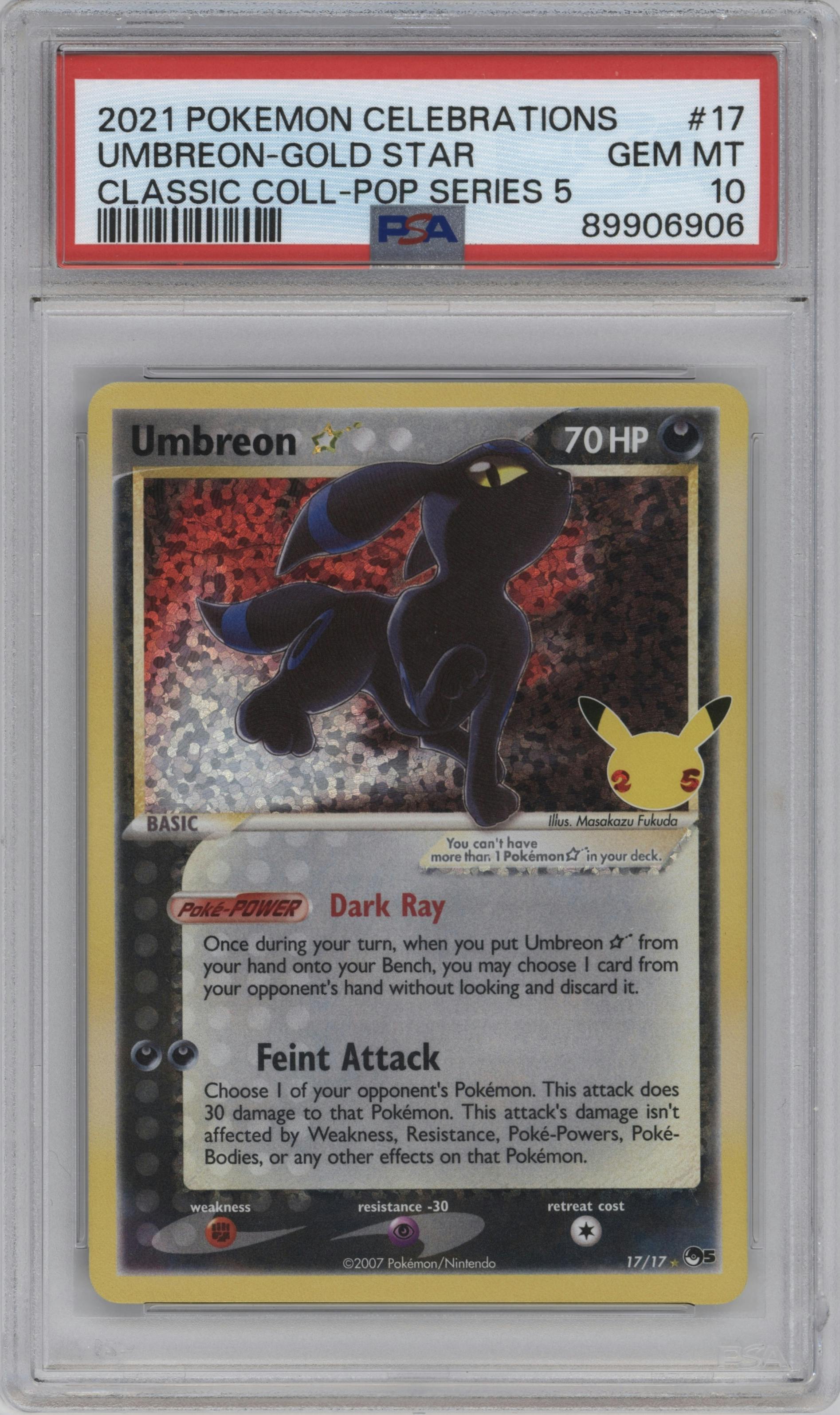 Umbreon Gold Star from the 2021 Pokemon SWSH set featuring a Pop Series 5 parallel graded by PSA and given an overall grade of 10.