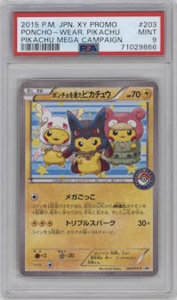 Poncho-clad Pikachu from the 2015 Pokemon XY JPN set featuring a Pokemon Center Pikachu Mega Campaign parallel graded by PSA and given an overall grade of 9.