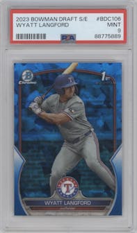 Wyatt Langford from the 2023 Bowman Draft Sapphire set graded by PSA and given an overall grade of 9.