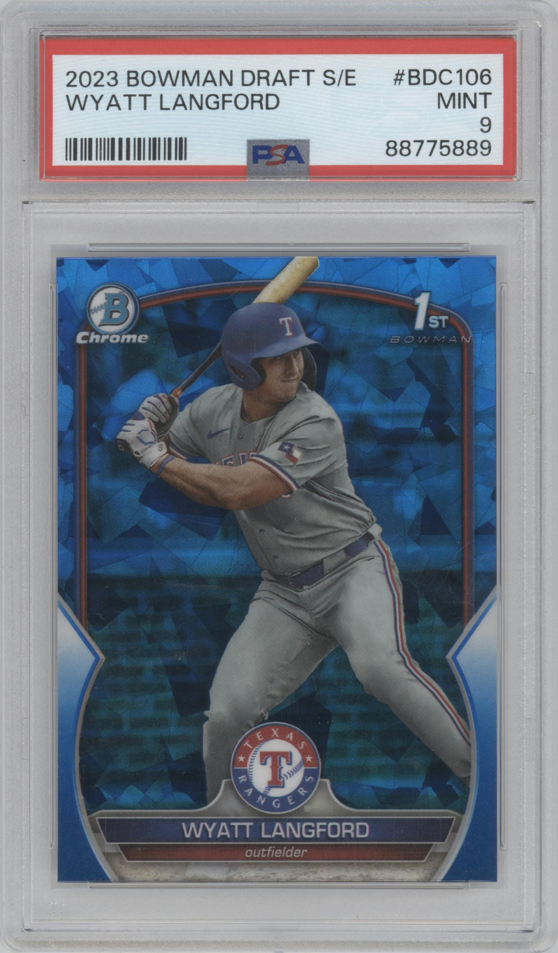 Wyatt Langford from the 2023 Bowman Draft Sapphire set graded by PSA and given an overall grade of 9.
