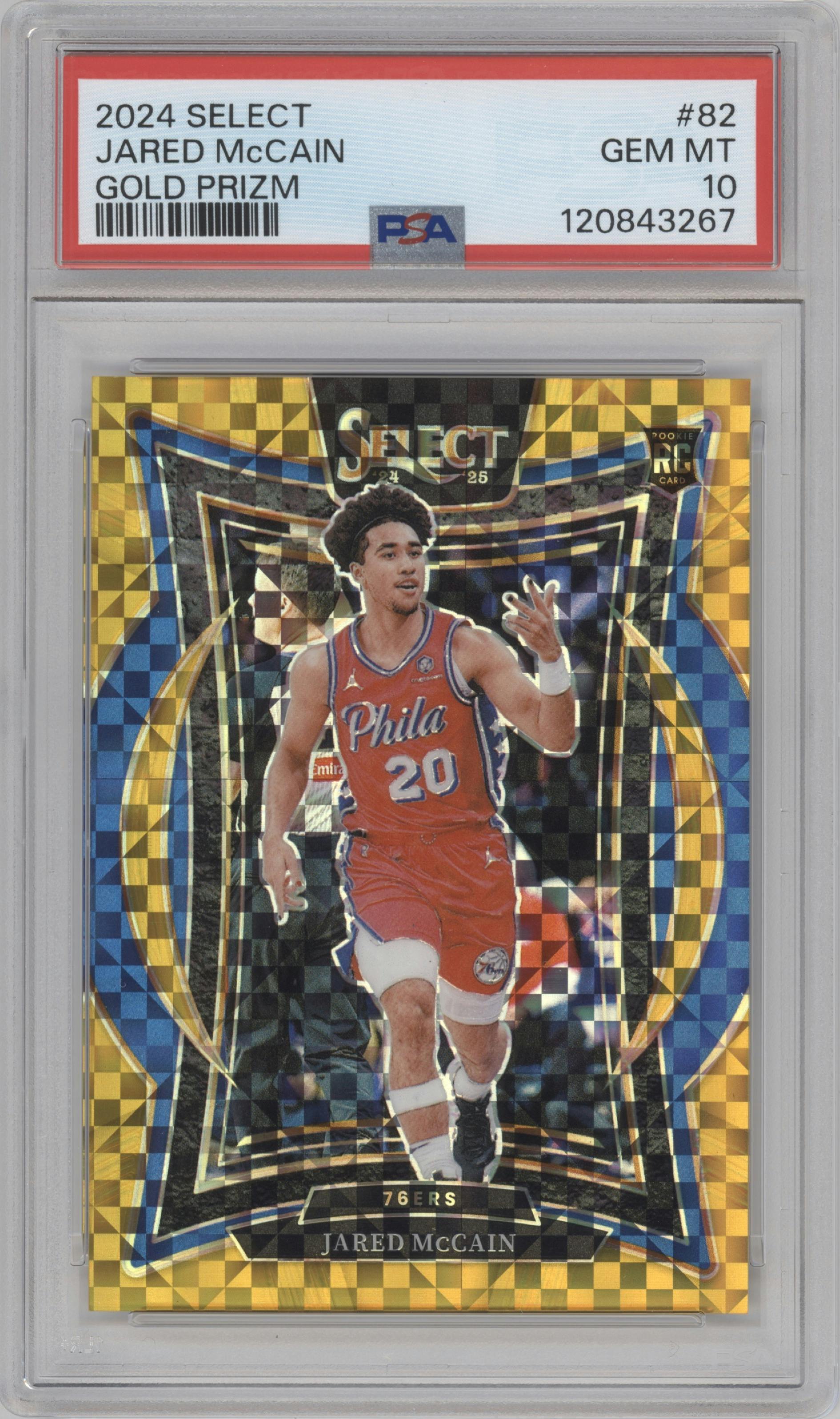 Jared McCain from the 2024-25 Panini Select set featuring a Gold Prizm parallel graded by PSA and given an overall grade of 10.