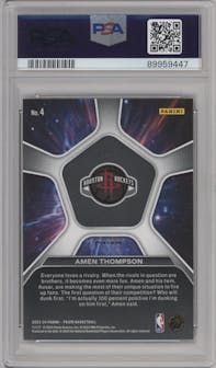 Amen Thompson from the 2023-24 Panini Prizm set featuring a Silver Prizm parallel graded by PSA and given an overall grade of 10.
