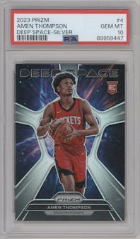 Amen Thompson from the 2023-24 Panini Prizm set featuring a Silver Prizm parallel graded by PSA and given an overall grade of 10.