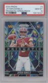 Jayden Daniels from the 2024 Panini Prizm set featuring a Green Prizm parallel graded by PSA and given an overall grade of 10.