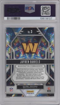 Jayden Daniels from the 2024 Panini Prizm set featuring a Green Prizm parallel graded by PSA and given an overall grade of 10.