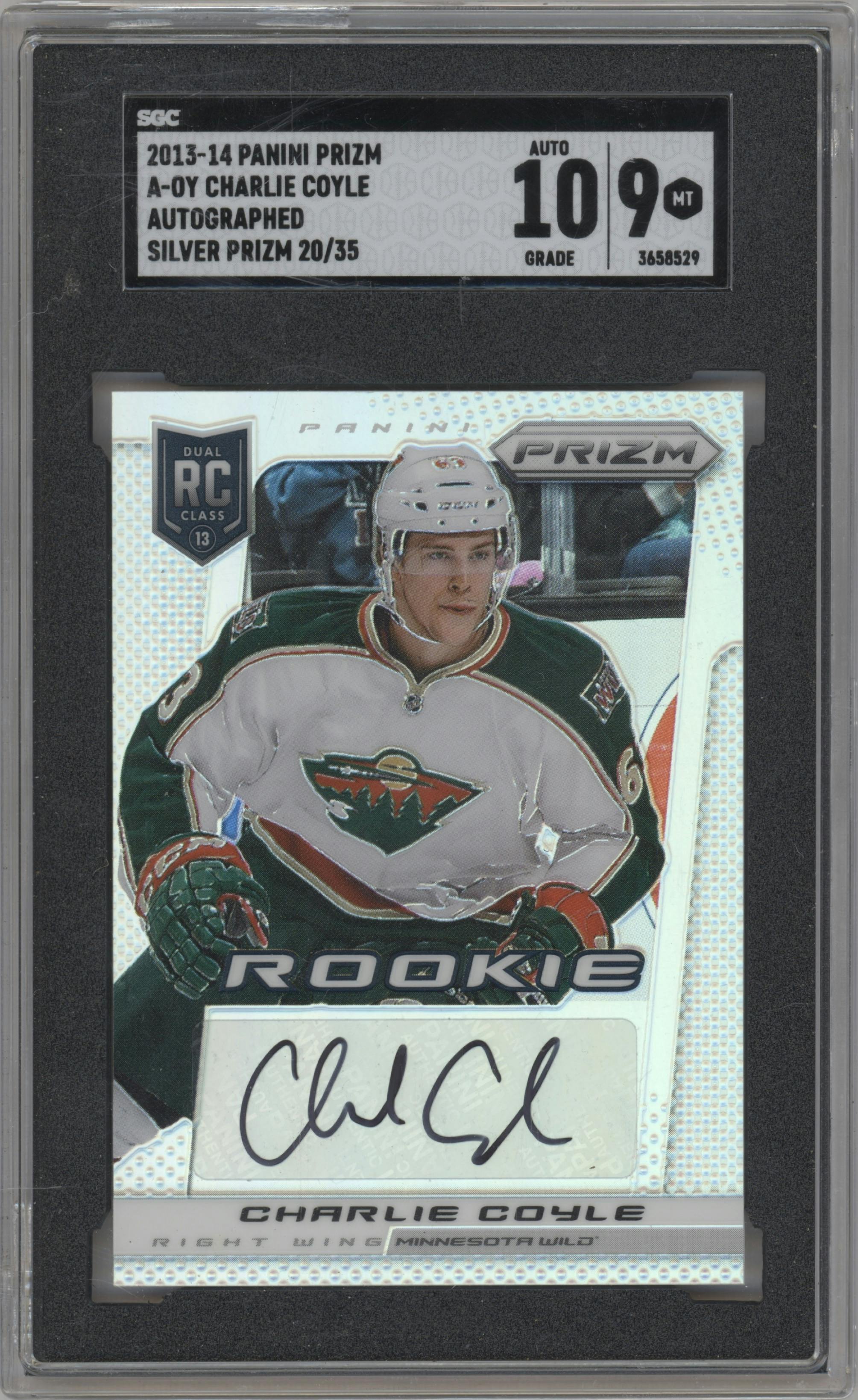 Charlie Coyle from the 2013-14 Panini Prizm set featuring a Prizm parallel graded by SGC and given an overall grade of 9.