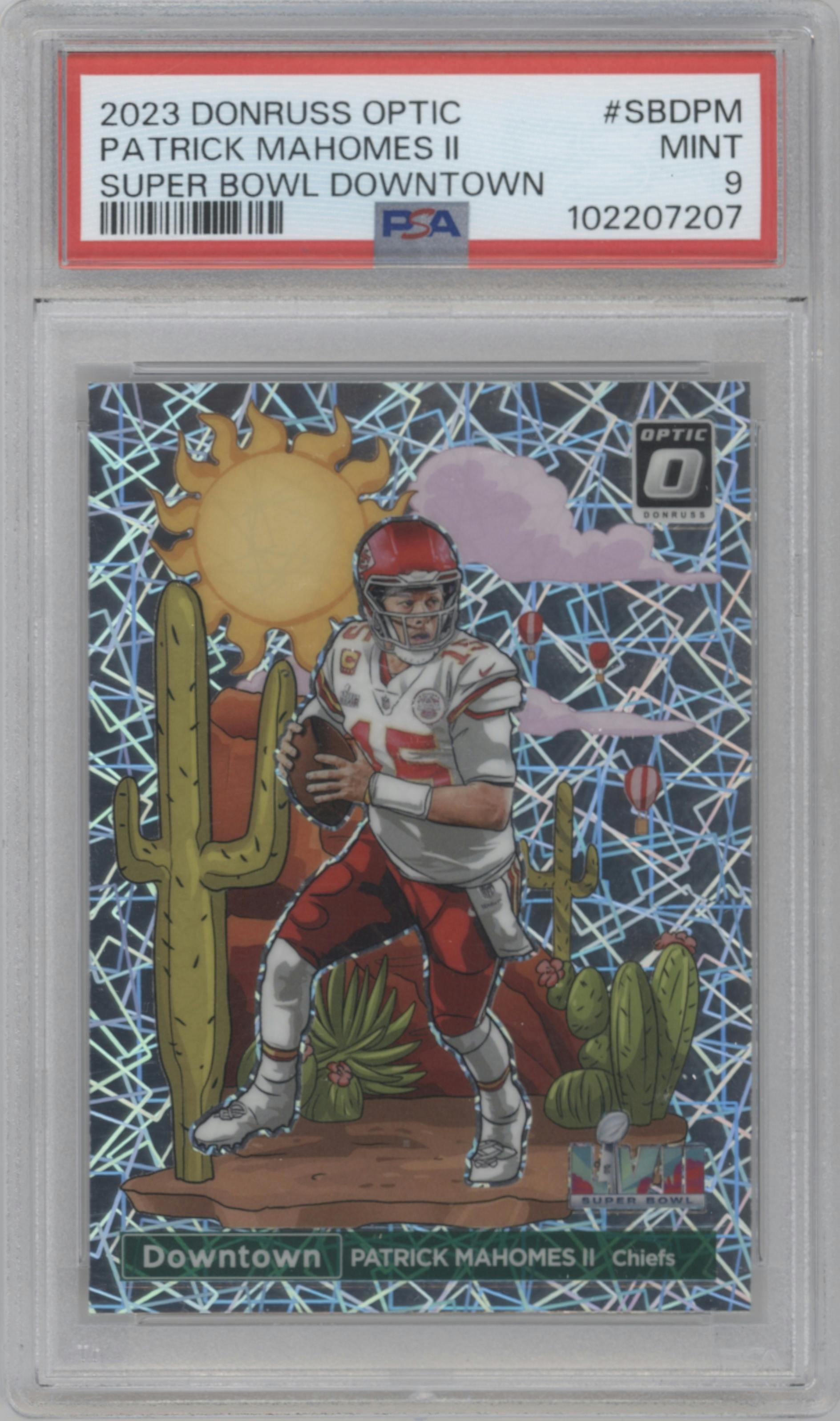 Patrick Mahomes II from the 2023 Donruss Optic set graded by PSA and given an overall grade of 9.