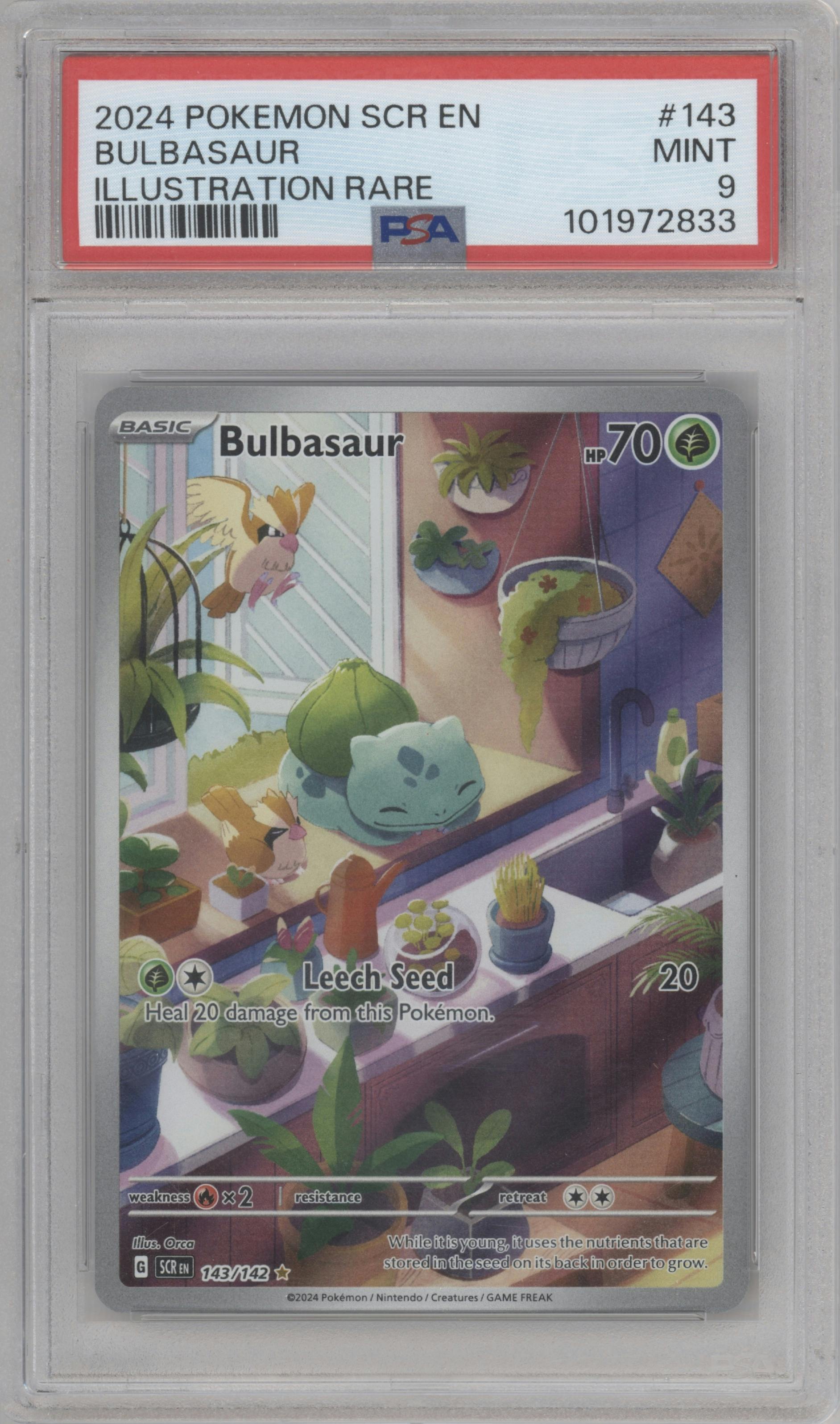 Bulbasaur from the 2024 Pokemon SV set graded by PSA and given an overall grade of 9.