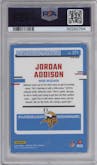Jordan Addison from the 2023 Donruss Optic set featuring a Blue Glitter parallel graded by PSA and given an overall grade of 10.
