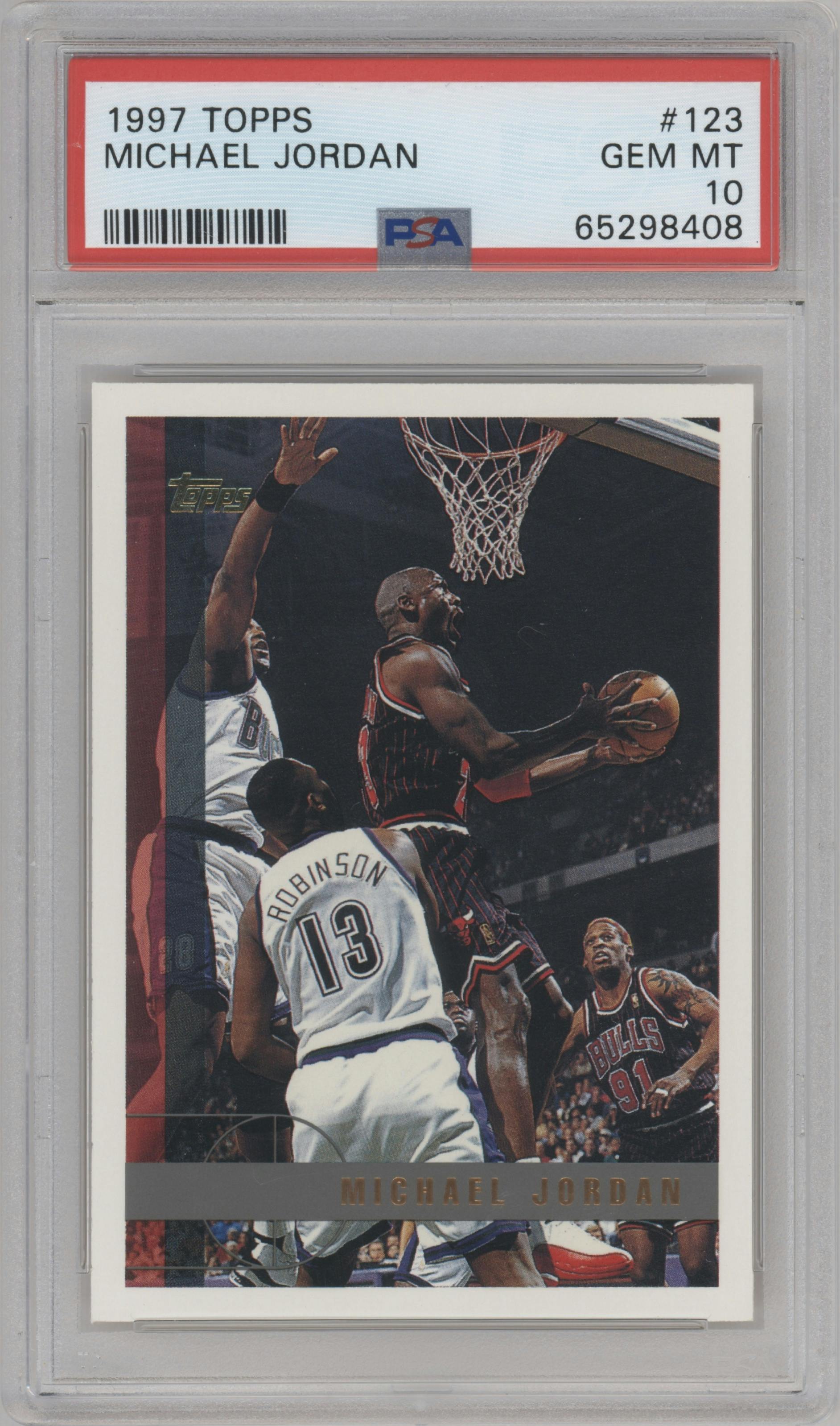 Michael Jordan from the 1997-98 Topps  set graded by PSA and given an overall grade of 10.