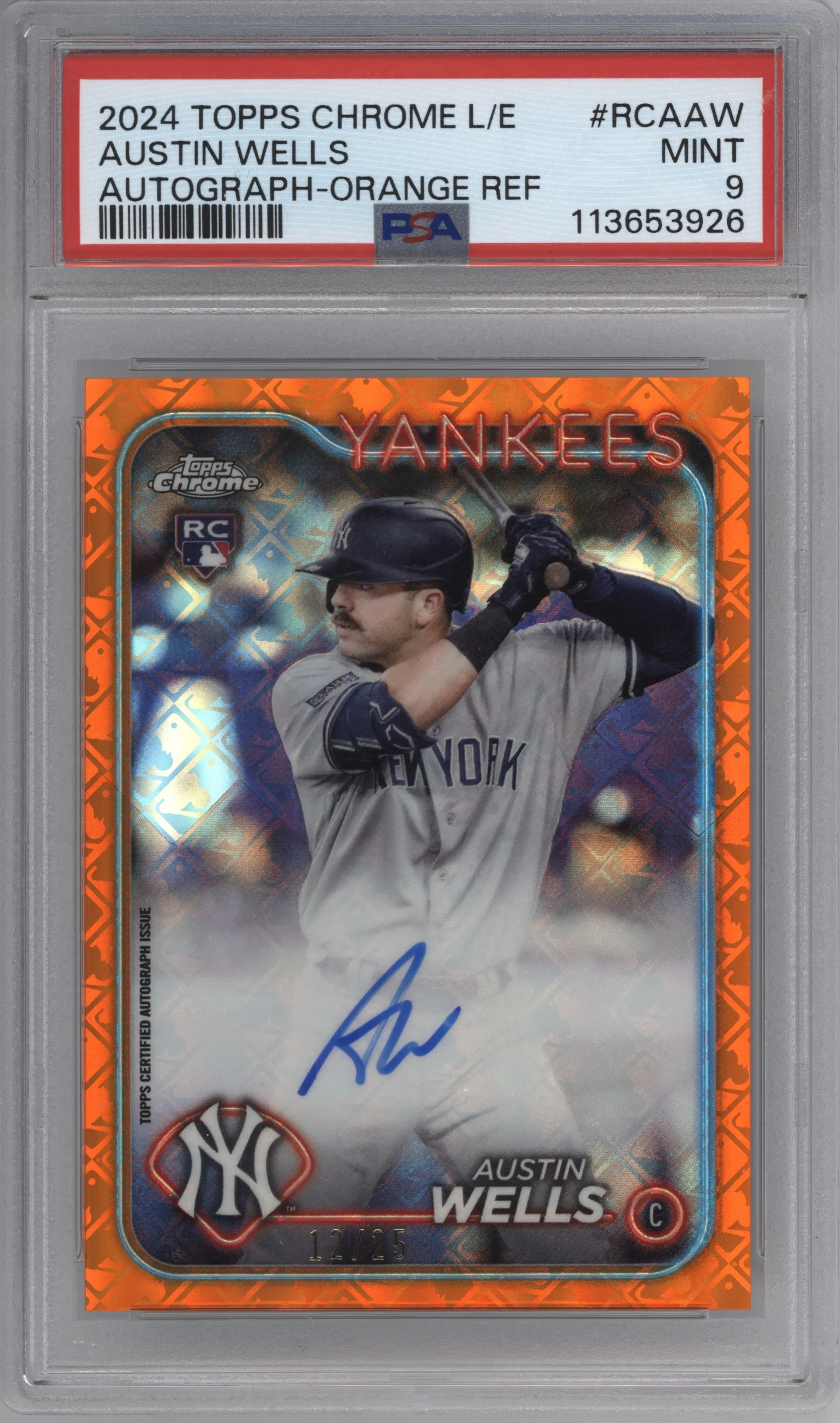 2024 Topps Chrome Logofractor Ref.Chr.Auto Austin Wells Orange Refractor PSA 9
