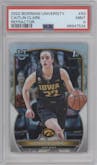 Caitlin Clark from the 2022-23 Bowman University Chrome set featuring a Refractor parallel graded by PSA and given an overall grade of 9.