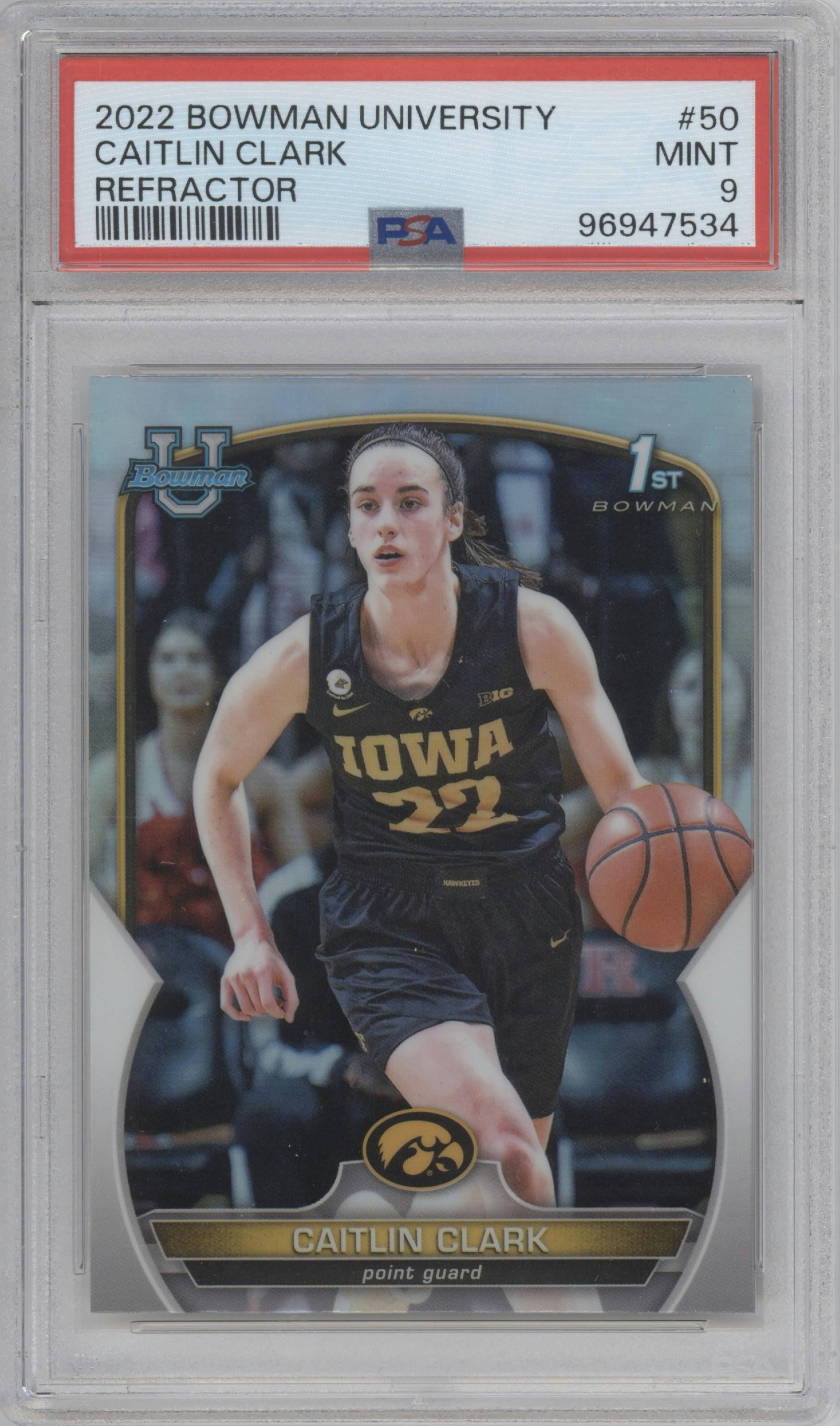 Caitlin Clark from the 2022-23 Bowman University Chrome set featuring a Refractor parallel graded by PSA and given an overall grade of 9.