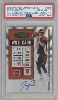 Joe Burrow from the 2020 Panini Contenders set featuring a Wild Card  parallel graded by PSA and given an overall grade of 10.