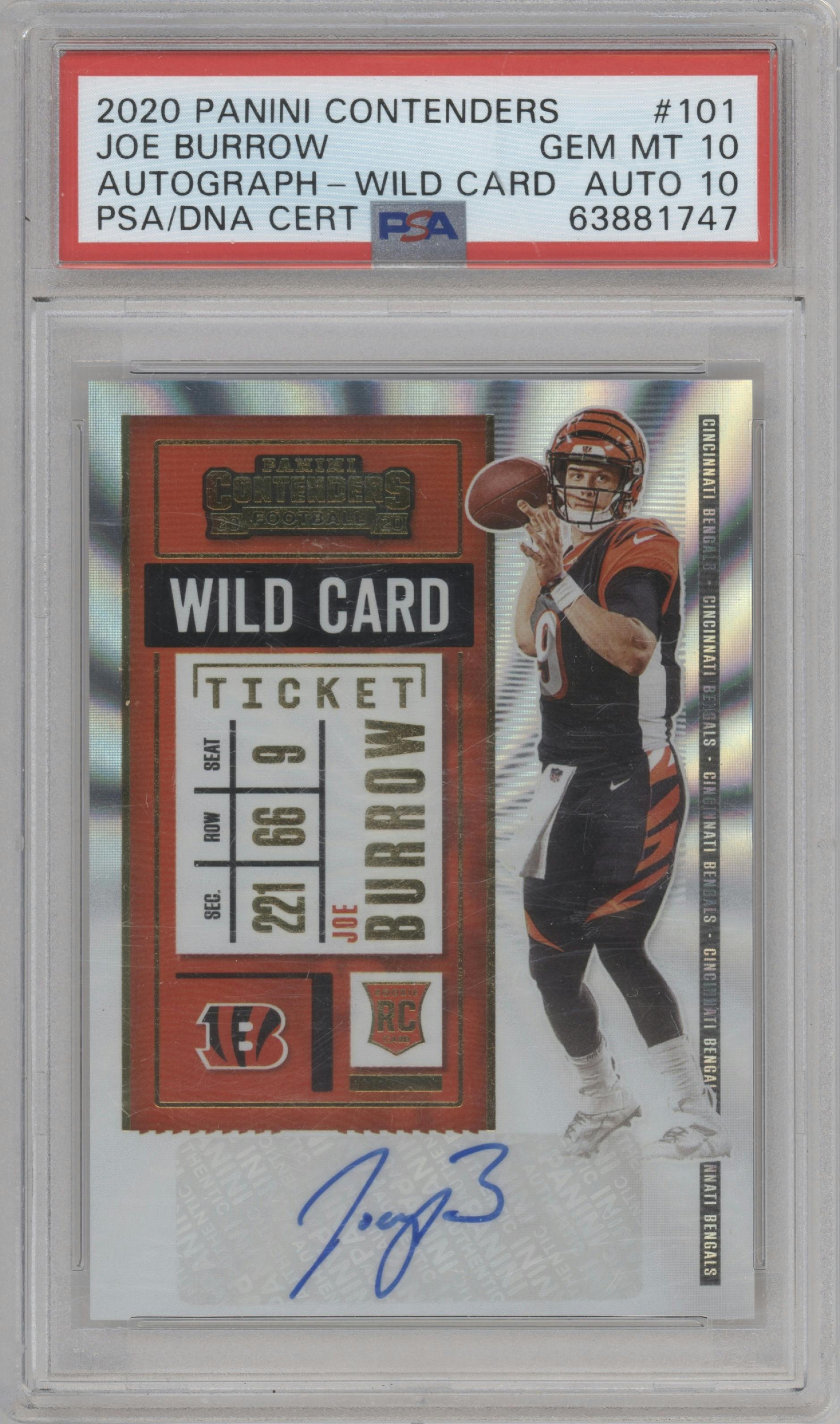 Joe Burrow from the 2020 Panini Contenders set featuring a Wild Card  parallel graded by PSA and given an overall grade of 10.