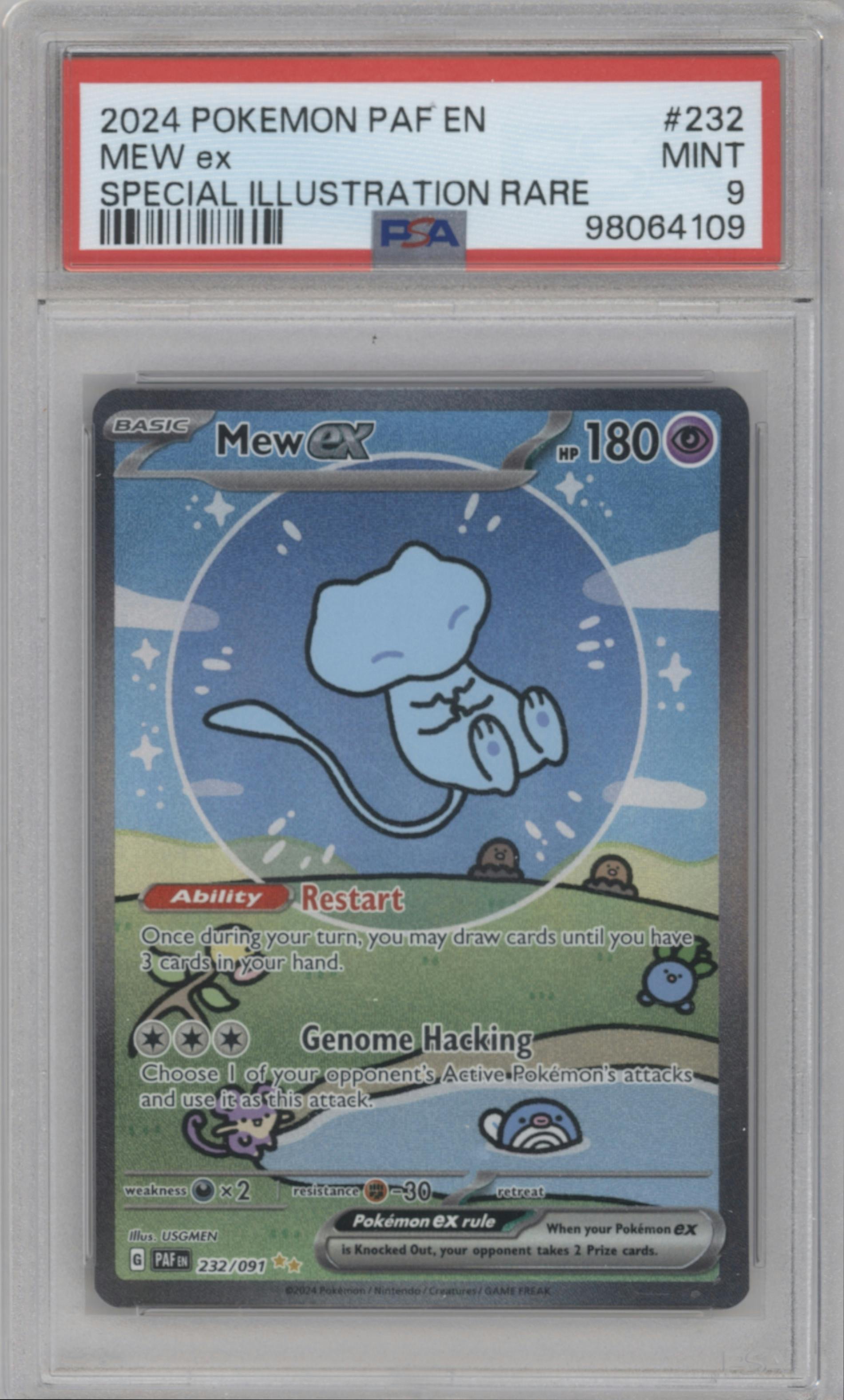 Mew ex from the 2024 Pokemon SV set graded by PSA and given an overall grade of 9.