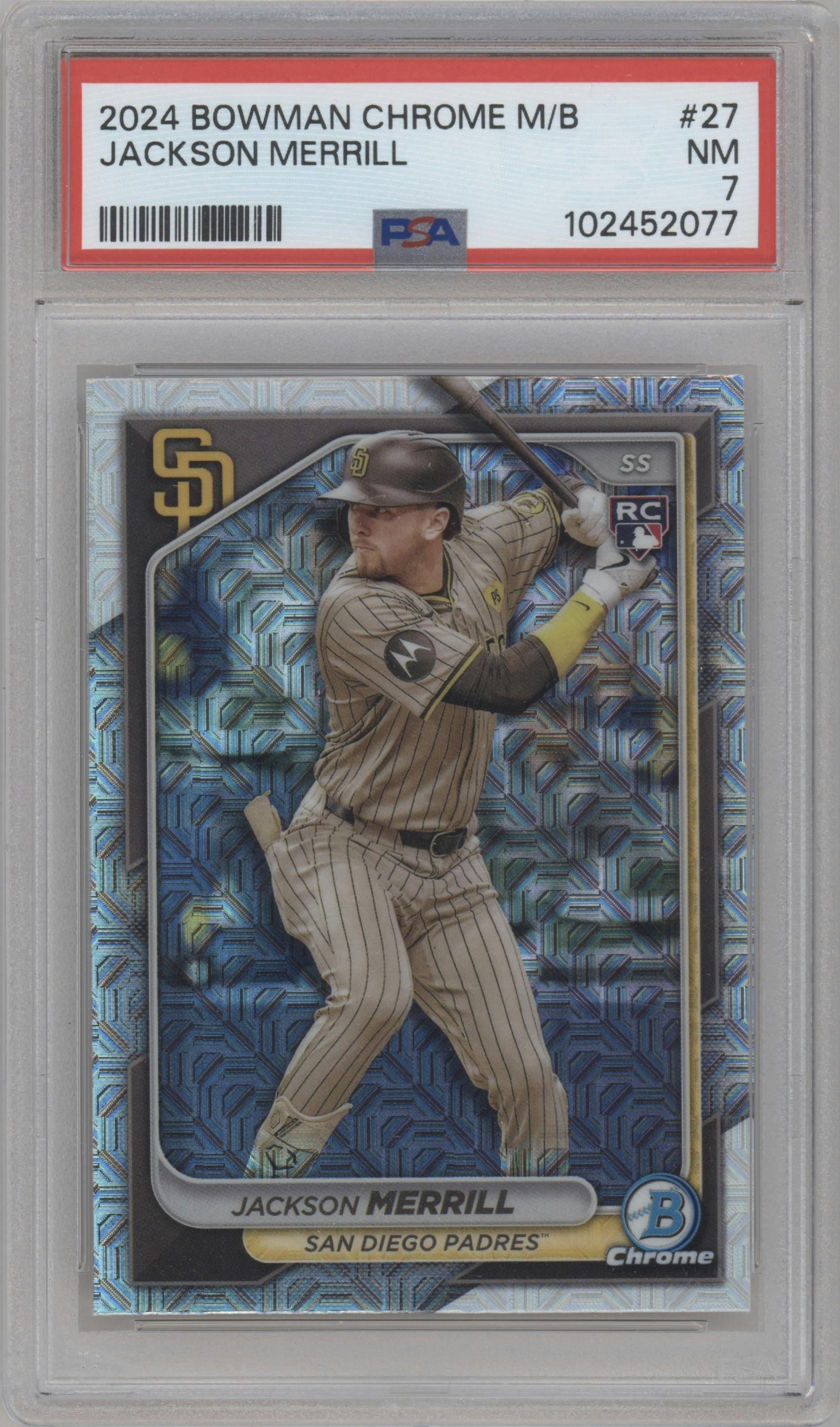 Jackson Merrill from the 2024 Bowman Chrome Mega Box set graded by PSA and given an overall grade of 7.