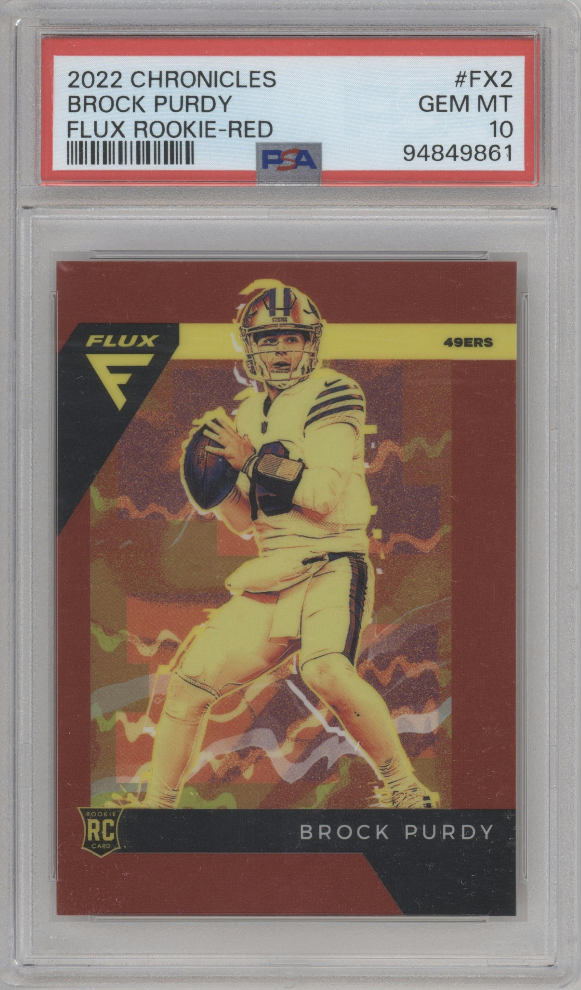 Brock Purdy from the 2022 Panini Chronicles set featuring a Red parallel graded by PSA and given an overall grade of 10.