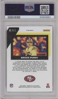 Brock Purdy from the 2022 Panini Chronicles set featuring a Red parallel graded by PSA and given an overall grade of 10.