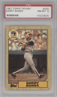 Barry Bonds from the 1987 Topps set featuring a Tiffany parallel graded by PSA and given an overall grade of 8.