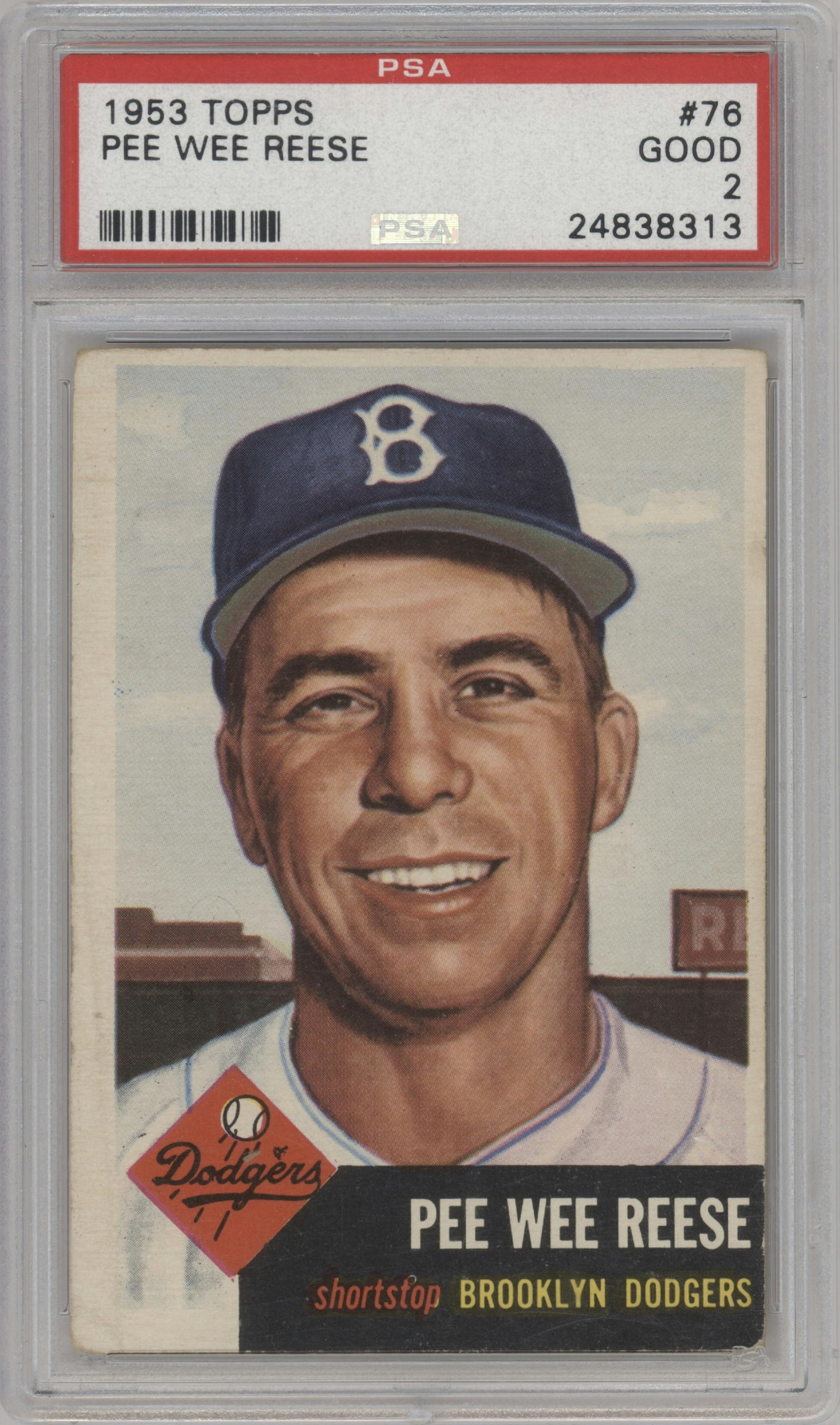 Pee Wee Reese from the 1953 Topps set graded by PSA and given an overall grade of 2.