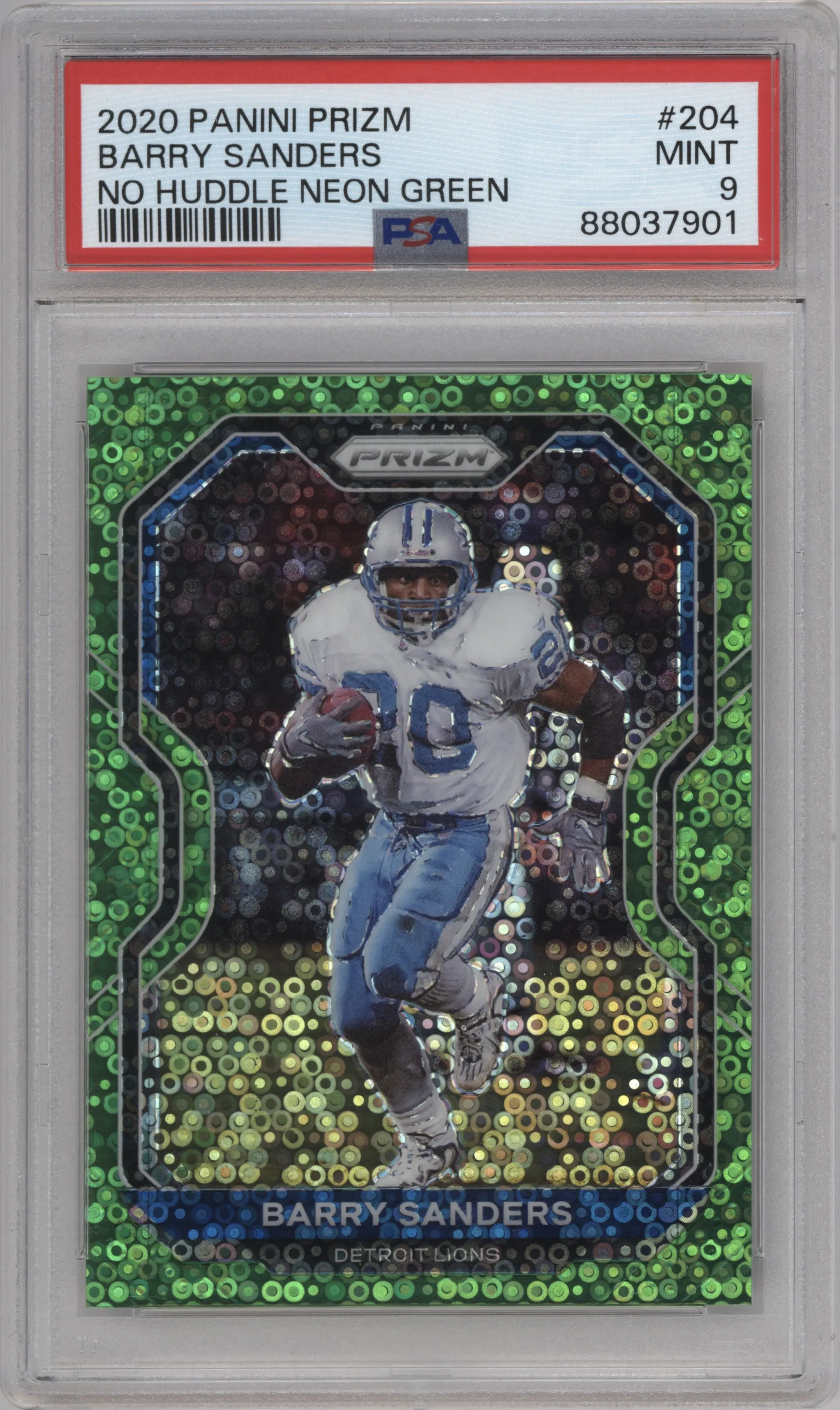 2020 Panini Prizm Barry Sanders No huddle Neon Green PSA 9