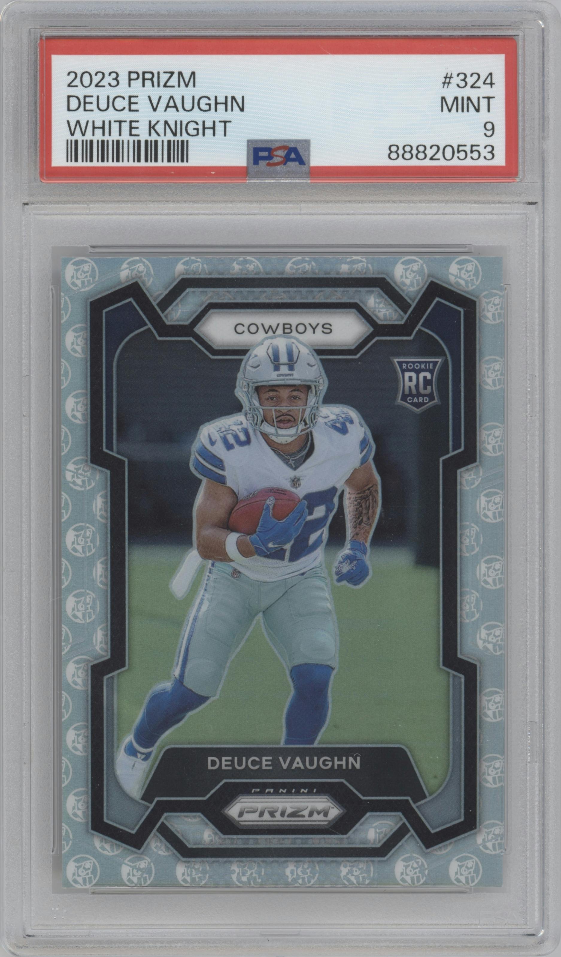 Deuce Vaughn from the 2023 Panini Prizm set featuring a White Knight parallel graded by PSA and given an overall grade of 9.