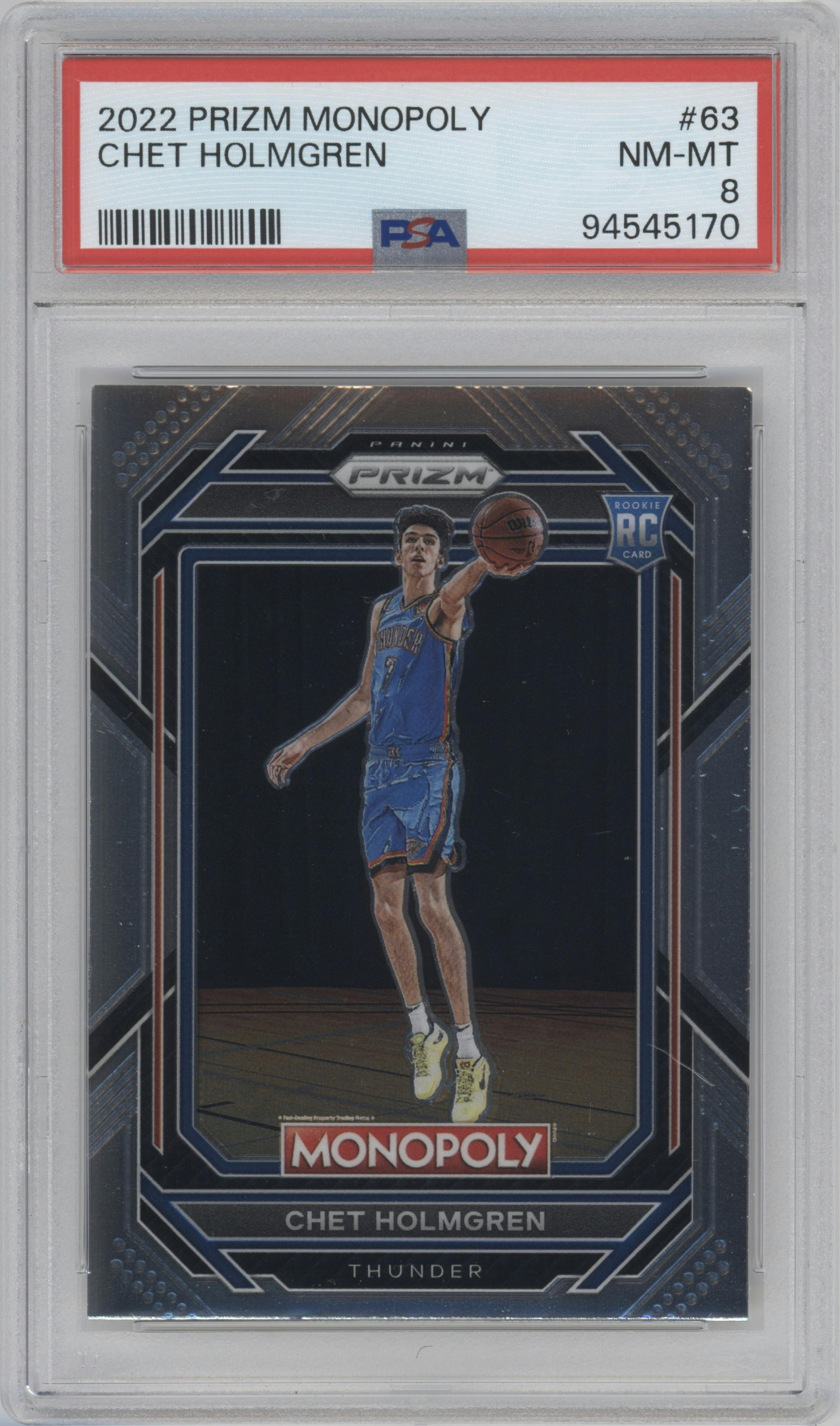 Chet Holmgren from the 2022-23 Panini Prizm Monopoly set graded by PSA and given an overall grade of 8.