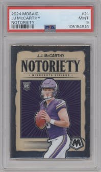 J.J. McCarthy from the 2024 Panini Mosaic set graded by PSA and given an overall grade of 9.