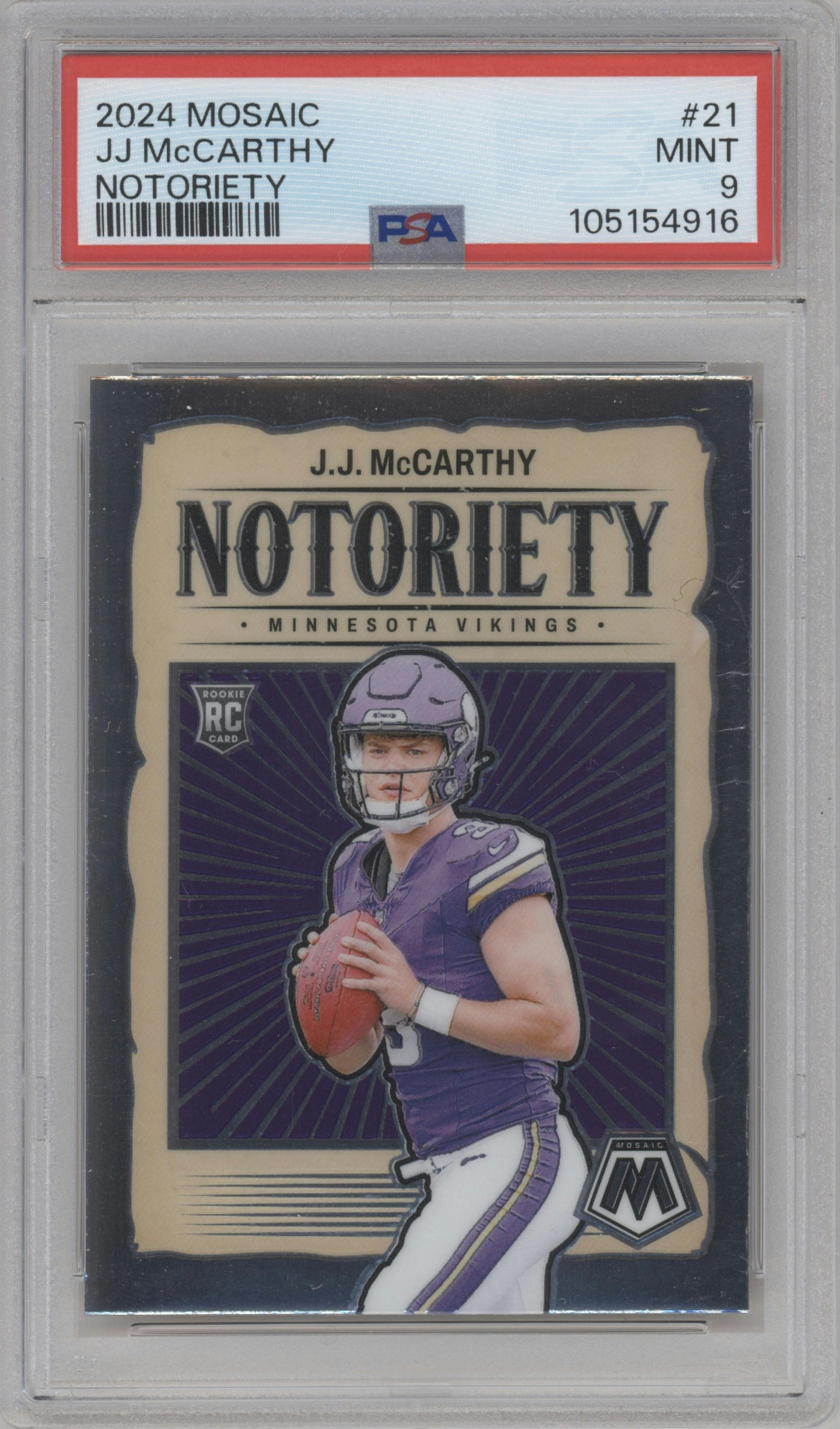 J.J. McCarthy from the 2024 Panini Mosaic set graded by PSA and given an overall grade of 9.