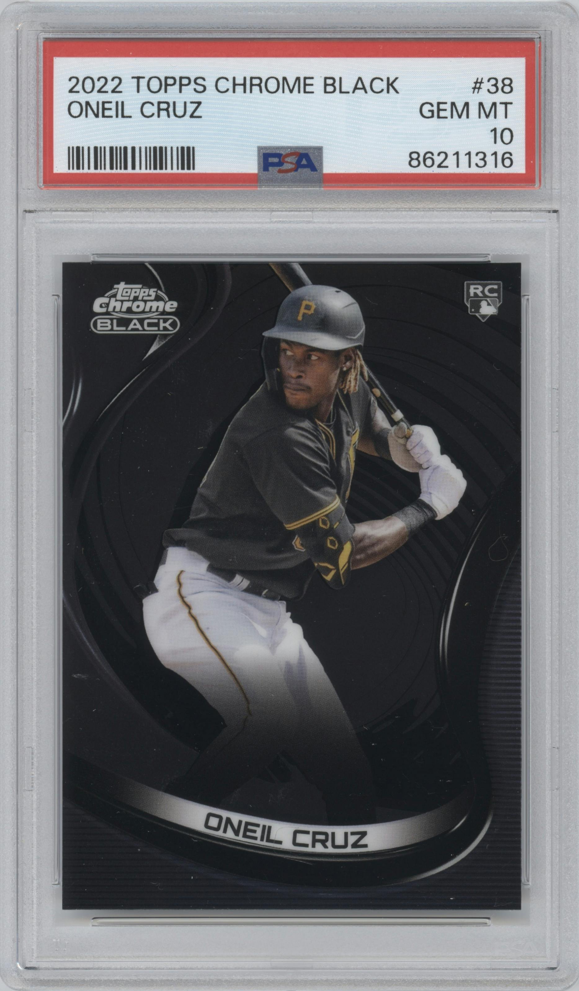 Oneil Cruz from the 2022 Topps Chrome Black set graded by PSA and given an overall grade of 10.