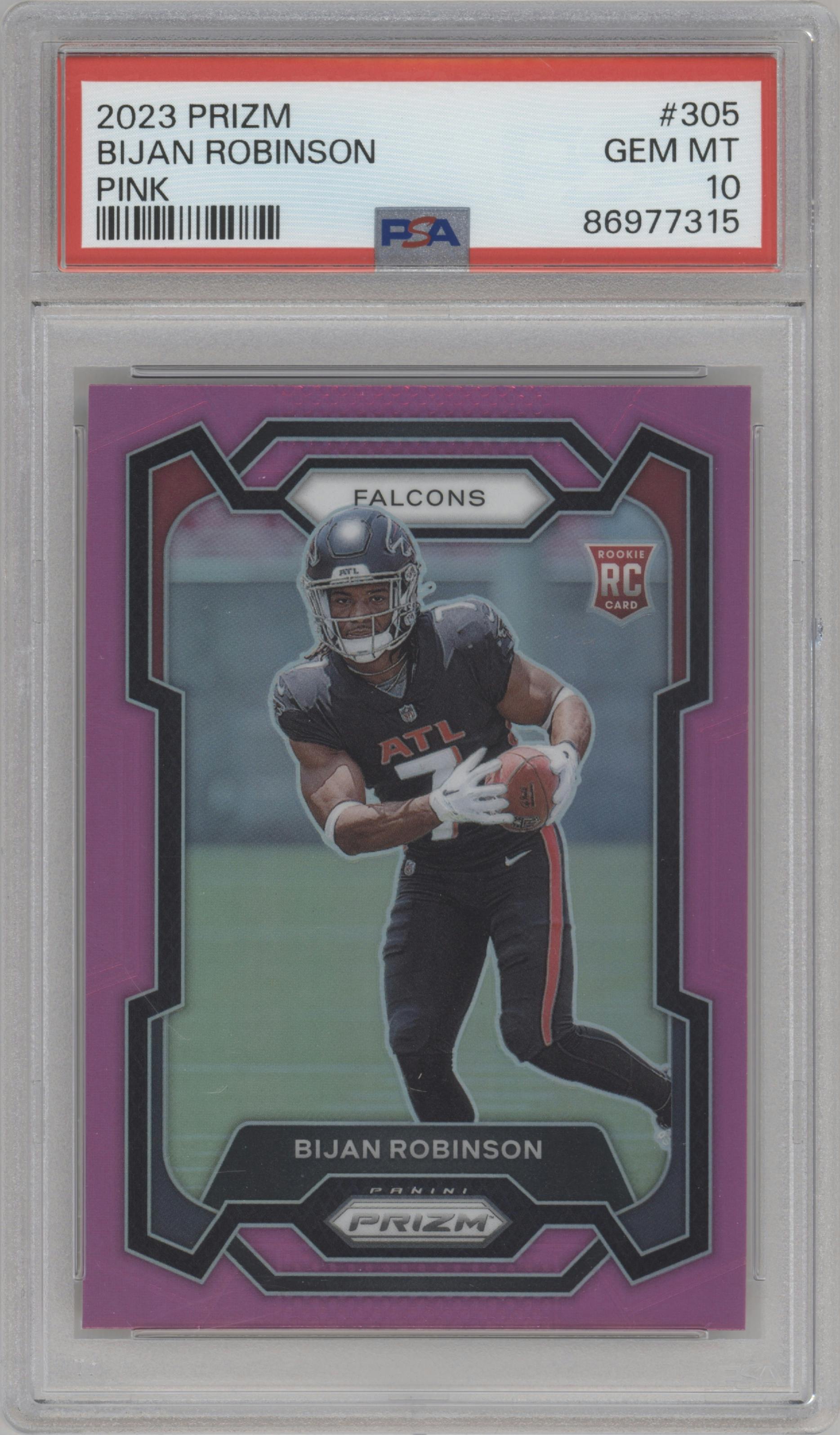 Bijan Robinson from the 2023 Panini Prizm set featuring a Pink Prizm parallel graded by PSA and given an overall grade of 10.