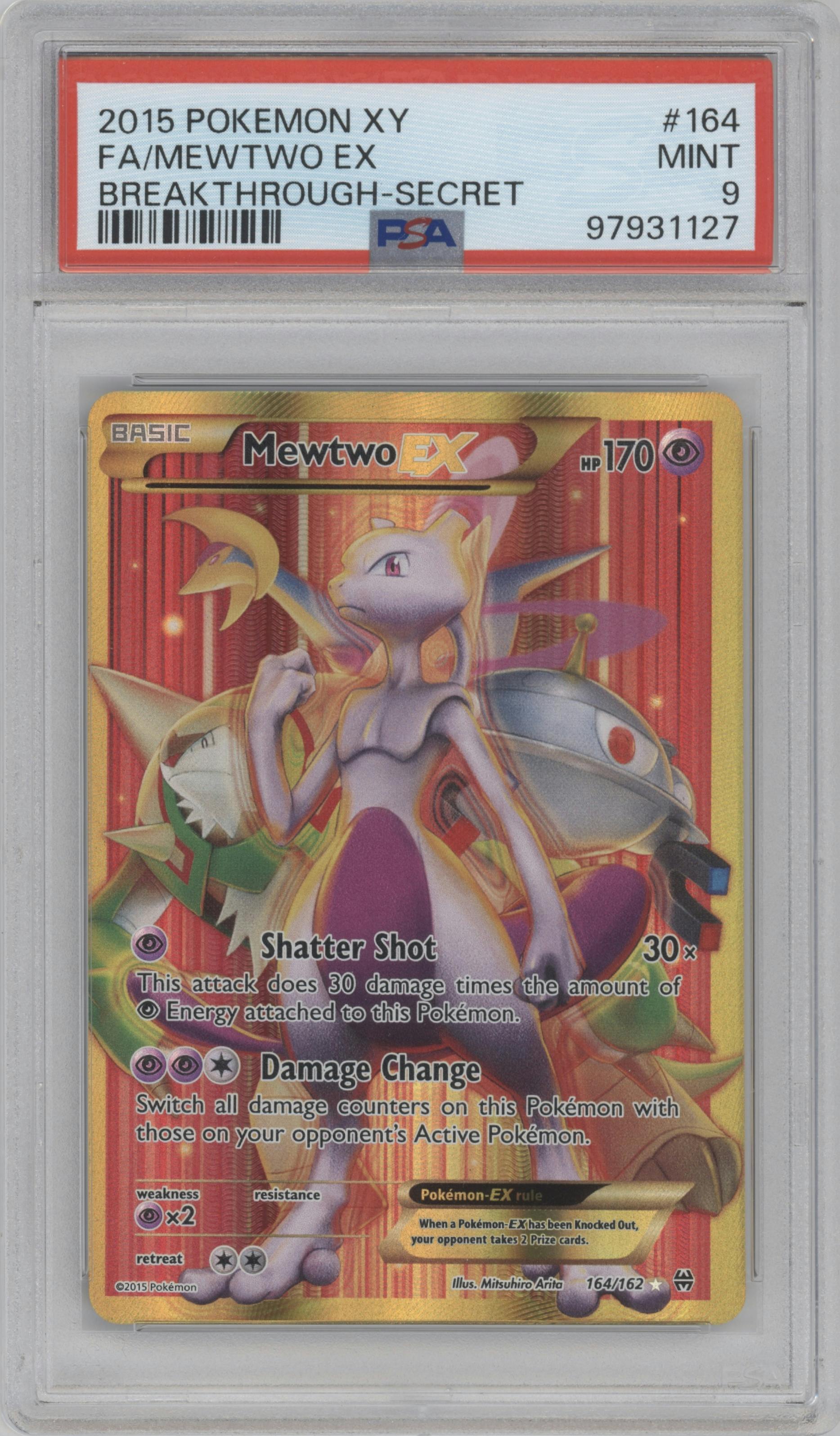Mewtwo EX from the 2015 Pokemon XY set graded by PSA and given an overall grade of 9.