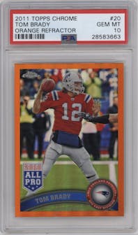  Tom Brady  from the 2011 Topps Chrome set featuring a Orange Refractor parallel graded by PSA and given an overall grade of 10.