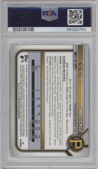 Oneil Cruz from the 2022 Bowman set featuring a Yellow Refractor parallel graded by PSA and given an overall grade of 10.