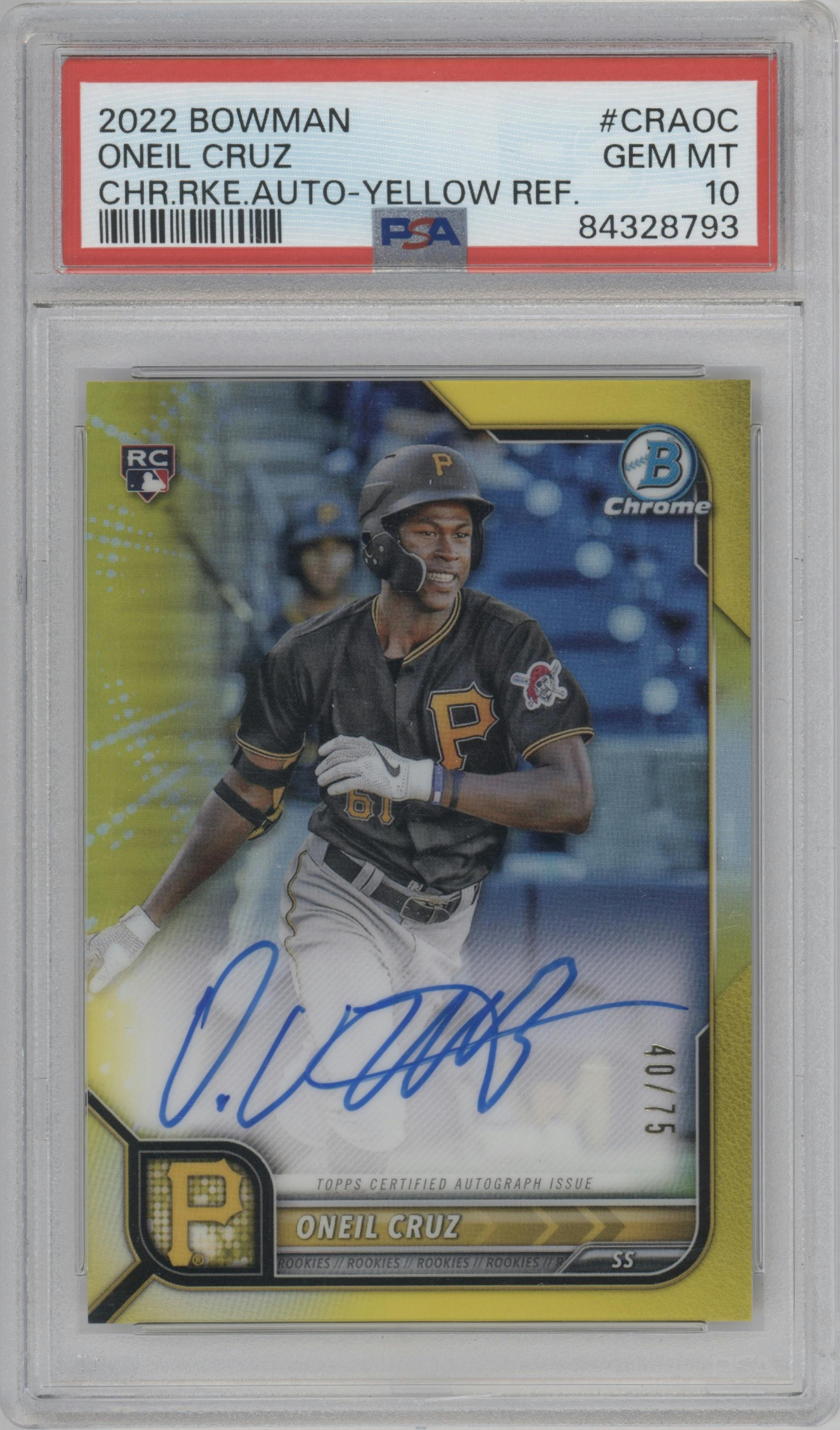 Oneil Cruz from the 2022 Bowman set featuring a Yellow Refractor parallel graded by PSA and given an overall grade of 10.