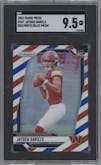 Jayden Daniels from the 2024 Panini Prizm set featuring a Red/White/Blue Prizm parallel graded by SGC and given an overall grade of 9.5.