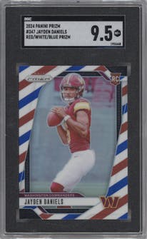 Jayden Daniels from the 2024 Panini Prizm set featuring a Red/White/Blue Prizm parallel graded by SGC and given an overall grade of 9.5.