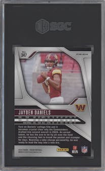 Jayden Daniels from the 2024 Panini Prizm set featuring a Red/White/Blue Prizm parallel graded by SGC and given an overall grade of 9.5.
