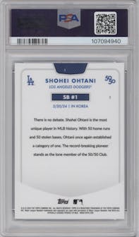 Shohei Ohtani from the 2024 Topps 50/50 set featuring a Aqua parallel graded by PSA and given an overall grade of 9.