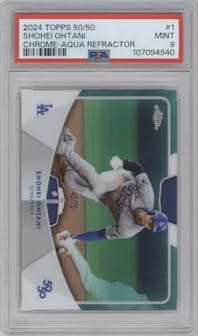 Shohei Ohtani from the 2024 Topps 50/50 set featuring a Aqua parallel graded by PSA and given an overall grade of 9.