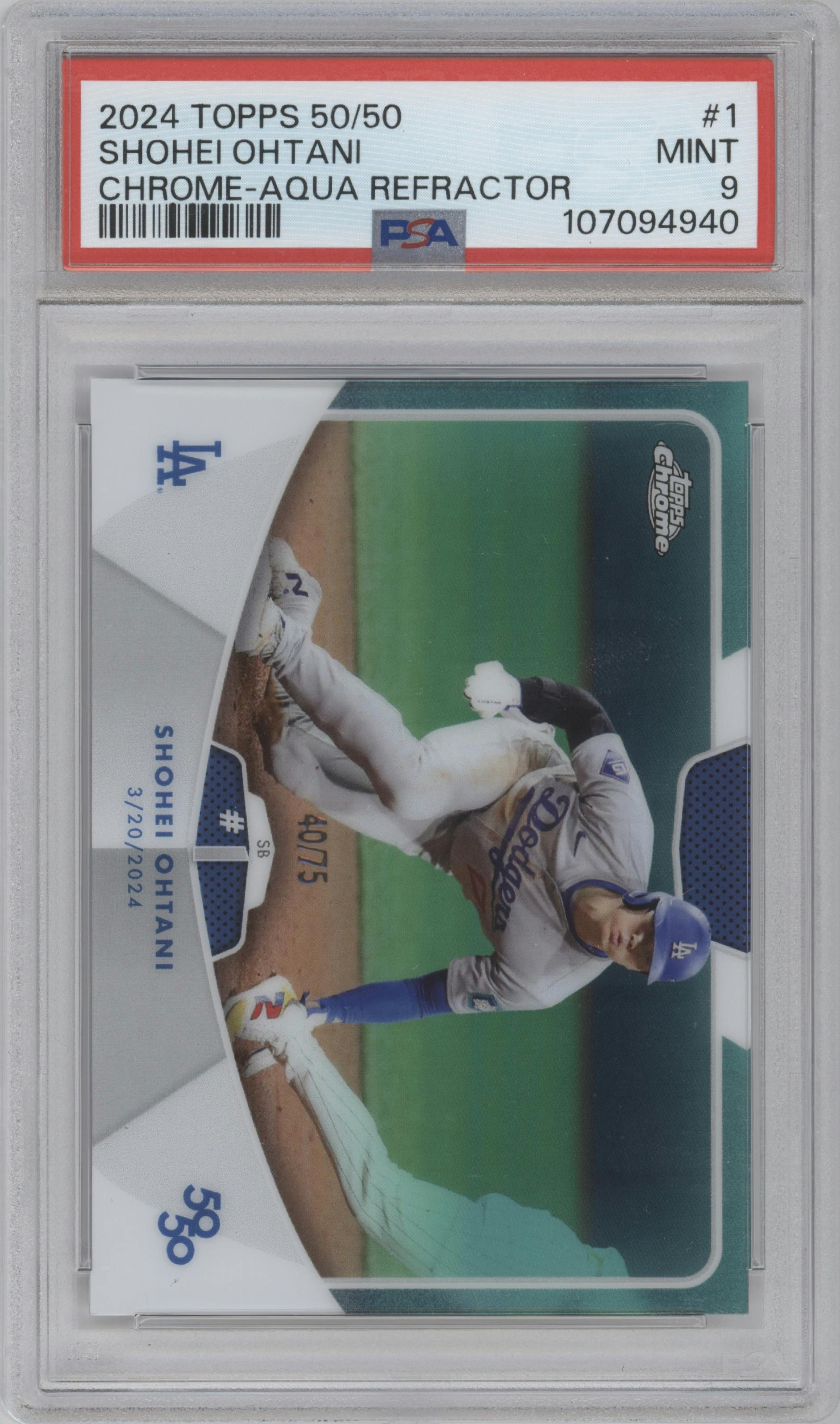 Shohei Ohtani from the 2024 Topps 50/50 set featuring a Aqua parallel graded by PSA and given an overall grade of 9.