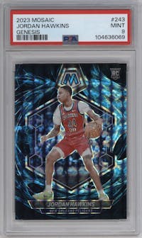 Jordan Hawkins from the 2023-24 Panini Mosaic set featuring a Genesis parallel graded by PSA and given an overall grade of 9.