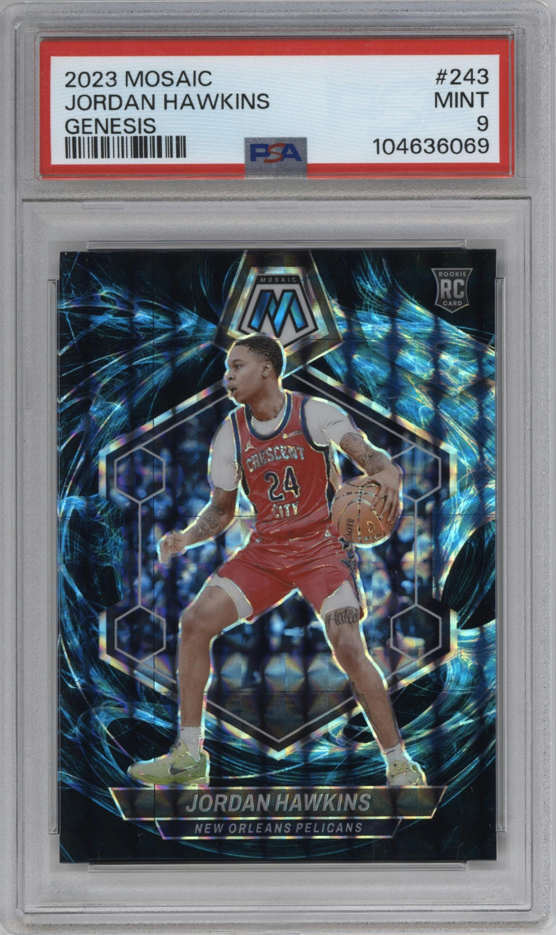 Jordan Hawkins from the 2023-24 Panini Mosaic set featuring a Genesis parallel graded by PSA and given an overall grade of 9.