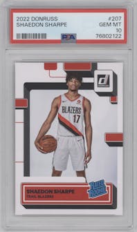 Shaedon Sharpe from the 2022-23 Panini Donruss set graded by PSA and given an overall grade of 10.