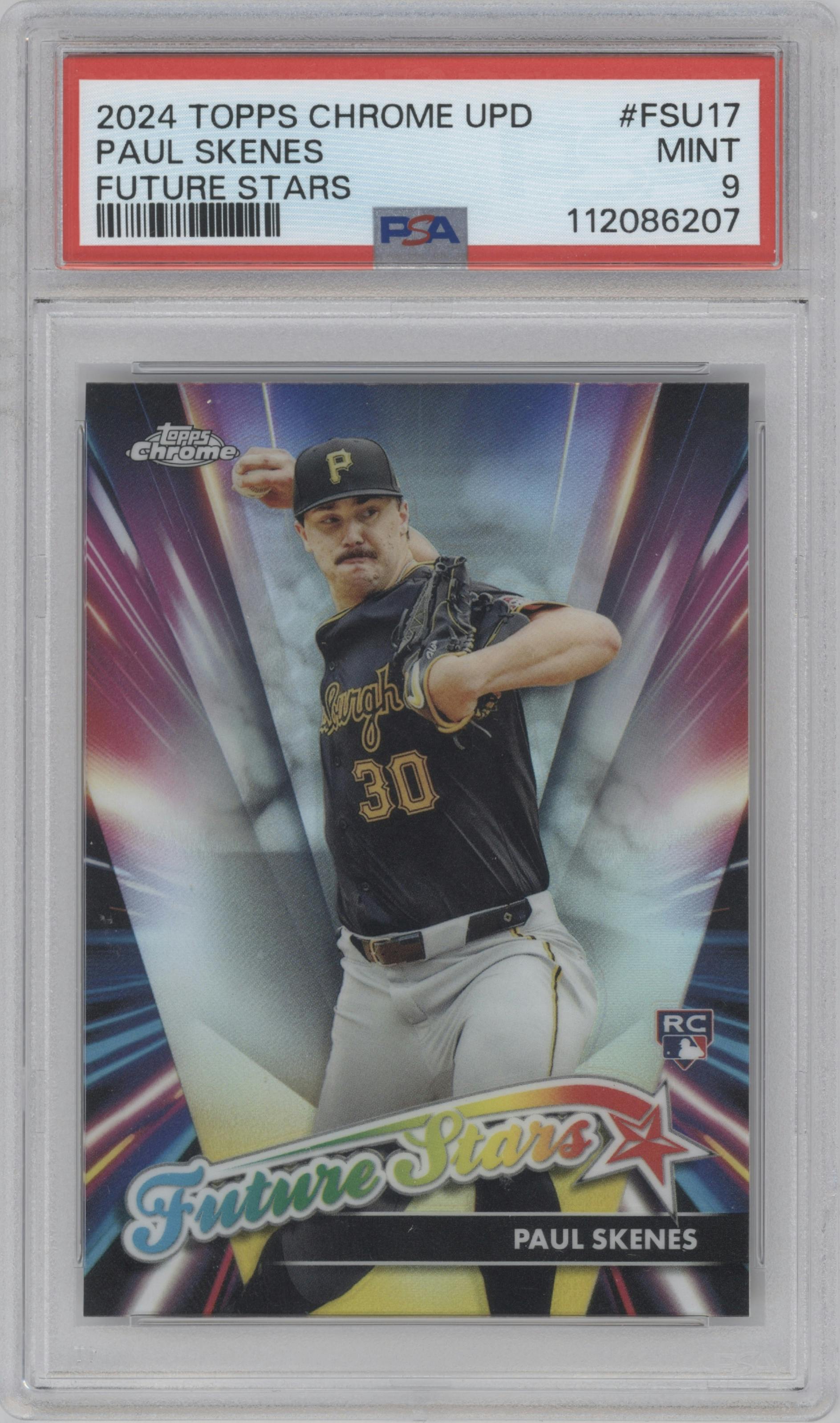 Paul Skenes from the 2024 Topps Chrome Update set graded by PSA and given an overall grade of 9.