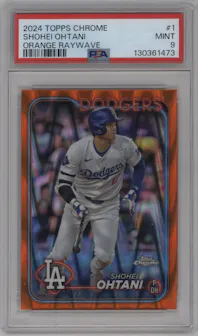 Shohei Ohtani from the 2024 Topps Chrome set featuring a Orange Wave Refractor parallel graded by PSA and given an overall grade of 9.