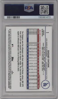 Shohei Ohtani from the 2024 Topps Chrome set featuring a Orange Wave Refractor parallel graded by PSA and given an overall grade of 9.